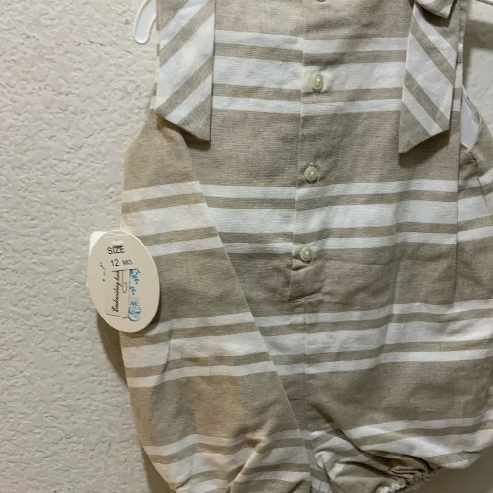 New Luli & Me Baby Girls Linen Stripe Bubble with Bow Shoulders Khaki and White